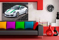 Porsche GT3 Leinwandbild – Weißer Sportwagen mit grünen Akzenten vor Vulkanlandschaft | AK ART Auto Wandbild XXL