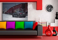 BMW M3 vor Zug – Urbanes Leinwandbild im Schnee-Look | AK Art Auto-Kunstdruck