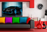 Lamborghini Auto Blau Neon Leinwandbild – Futuristisches Sportwagen Motiv in Schwarz-Blau | AK Art Wandbild Made in Germany