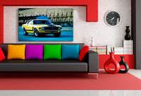 Ford Mustang Leinwandbild – Gelber Boss 302 vor Industriehalle | AK ART Auto Wandbild