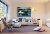 Ford Mustang Leinwandbild – Gelber Boss 302 vor Industriehalle | AK ART Auto Wandbild