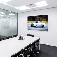 Ford Mustang Shelby GT350 Leinwandbild – Weiß-Blaues Muscle Car als Vintage-Kunstdruck | AK ART Wanddeko