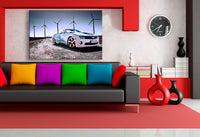 Chevrolet Camaro Leinwandbild – Weißes Cabrio mit Windkraftkulisse | AK ART Auto Wandbild XXL