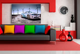 Chevrolet Camaro Leinwandbild – Weißes Cabrio mit Windkraftkulisse | AK ART Auto Wandbild XXL