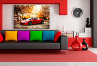 Aston Martin Leinwandbild – Roter Sportwagen in herbstlicher Natur | AK ART Auto Wandbild XXL