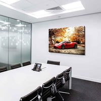 Aston Martin Leinwandbild – Roter Sportwagen in herbstlicher Natur | AK ART Auto Wandbild XXL