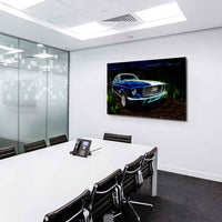 Ford Mustang GT Leinwandbild – Blau-weißes Muscle Car im Fantasy-Look | AK ART Auto Wandbild XXL