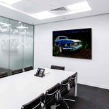 Ford Mustang GT Leinwandbild – Blau-weißes Muscle Car im Fantasy-Look | AK ART Auto Wandbild XXL