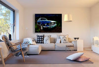 Ford Mustang GT Leinwandbild – Blau-weißes Muscle Car im Fantasy-Look | AK ART Auto Wandbild XXL