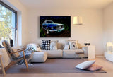 Ford Mustang GT Leinwandbild – Blau-weißes Muscle Car im Fantasy-Look | AK ART Auto Wandbild XXL