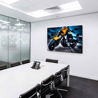 Intruder Bike Leinwandbild – Gelb-Schwarzes Motorrad im Industrie-Look | AK ART Wandbild XXL Motorrad Deko
