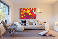 Blumen Hippie Leinwandbild – Buntes Retro-Design auf Rot | AK ART Wandbild XXL