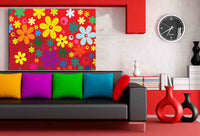 Blumen Hippie Leinwandbild – Buntes Retro-Design auf Rot | AK ART Wandbild XXL