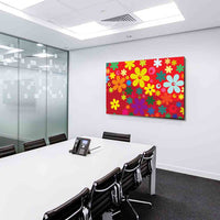 Blumen Hippie Leinwandbild – Buntes Retro-Design auf Rot | AK ART Wandbild XXL