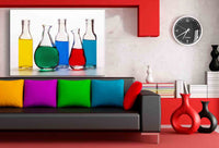 Bunte Chemikalien Leinwandbild – Farbenfrohe Glasfläschchen im Labor-Stil | AK ART Abstrakte Wanddeko XXL