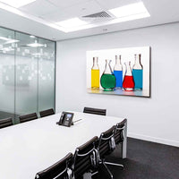Bunte Chemikalien Leinwandbild – Farbenfrohe Glasfläschchen im Labor-Stil | AK ART Abstrakte Wanddeko XXL