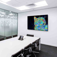 Bunte psychedelische Katze im Weltraum – Verspieltes abstraktes Leinwandbild | AK ART