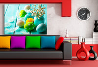 Bunte Ostereier mit Blumen – Frühlingshaftes Leinwandbild auf Holzoptik | AK ART