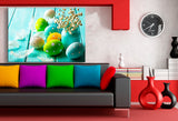 Bunte Ostereier mit Blumen – Frühlingshaftes Leinwandbild auf Holzoptik | AK ART