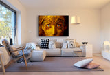 AK ART Leinwandbild – Goldene Frau mit blauen Augen & Tribalmaske im Fantasy-Stil | Abstraktes Porträt, hochwertig & montagefertig