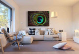 Pfauenfeder Leinwandbild – Blau-Rote Eleganz der Natur in Nahaufnahme | AK ART Wandbild XXL
