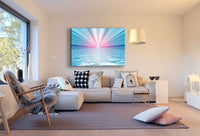 Sonnenaufgang über dem Meer – Abstraktes Blau‑Pink Leinwandbild mit Lichtstrahlen | AK ART Kunstdruck XXL