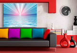 Sonnenaufgang über dem Meer – Abstraktes Blau‑Pink Leinwandbild mit Lichtstrahlen | AK ART Kunstdruck XXL