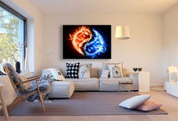 Yin-Yang in Blau & Rot – Feng Shui Leinwandbild mit Feuerelementen | Abstrakter Kunstdruck von AK ART XXL