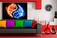 Yin-Yang in Blau & Rot – Feng Shui Leinwandbild mit Feuerelementen | Abstrakter Kunstdruck von AK ART XXL