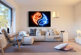 Yin-Yang in Blau & Rot – Feng Shui Leinwandbild mit Feuerelementen | Abstrakter Kunstdruck von AK ART XXL