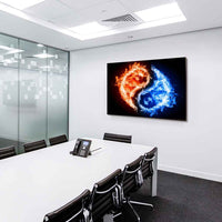 Yin-Yang in Blau & Rot – Feng Shui Leinwandbild mit Feuerelementen | Abstrakter Kunstdruck von AK ART XXL