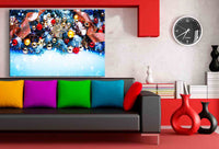 Weihnachtsbild mit Kugeln, Schnee & Girlanden – Festliche Leinwandkunst in Blau & Rot | AK ART