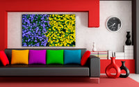 Blau Gelbe Blumen Beet Leinwandbild / AK ART Bilder / Mehrfarbig Kunstdruck XXL