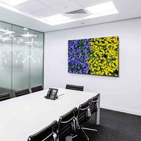 Blau Gelbe Blumen Beet Leinwandbild / AK ART Bilder / Mehrfarbig Kunstdruck XXL