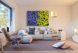 Blau Gelbe Blumen Beet Leinwandbild / AK ART Bilder / Mehrfarbig Kunstdruck XXL