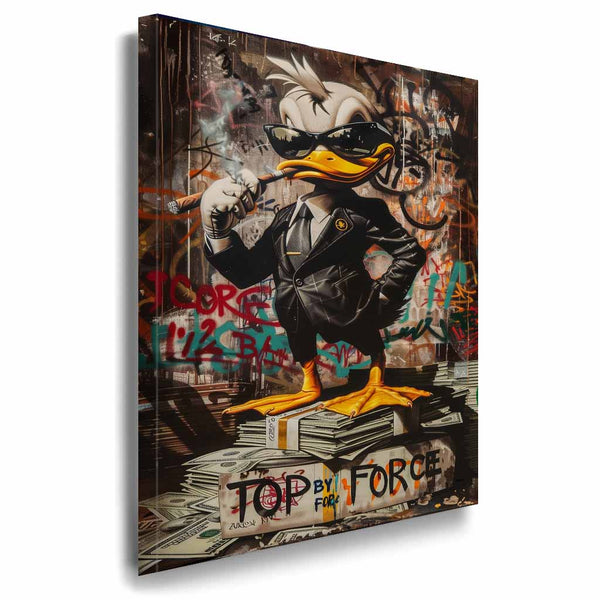 Streetart Leinwandbild „TOP BY FORCE“ – Dominanter Duck im Pop-Art-Stil mit Zigarre & Geld | AK ART