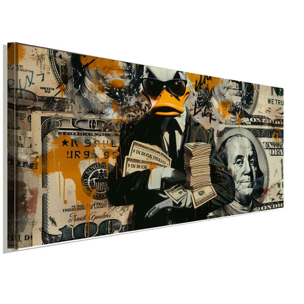 IN DUCK WE TRUST – Pop-Art Leinwandbild im Dollar-Stil mit Boss-Energie | AK ART