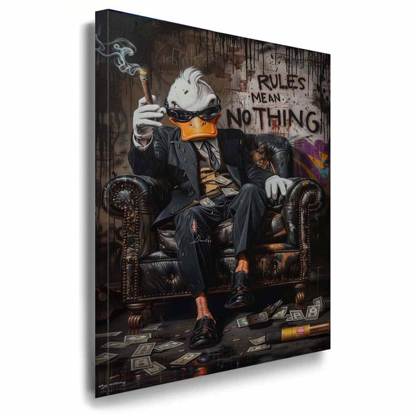 RULES MEAN NOTHING – Duck im Mafiastil als Pop-Art Leinwandbild | AK ART Streetart