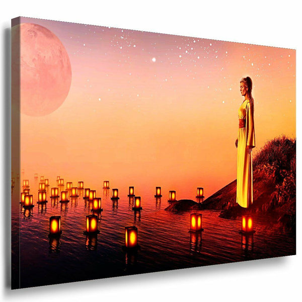 AK Art Entspannung Meer Frau Lampion Mond Premium Kunstdruck Leinwandbild XXL