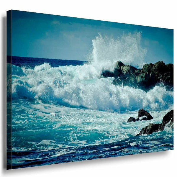 See Sturm Wellen Steine Leinwandbild AK Art Bilder Mehrfarbig Kunstdruck TOP XXL